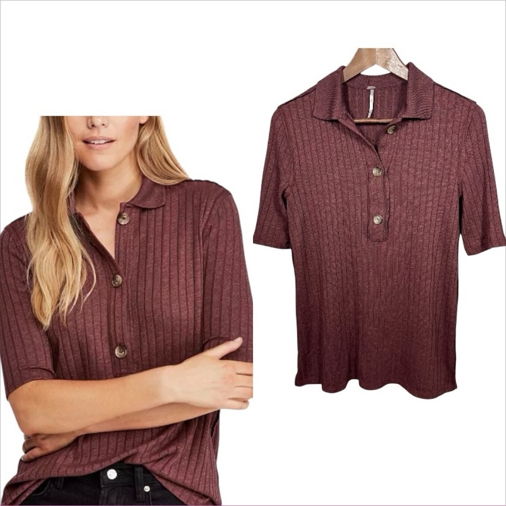 Free People‎ Heart Strings Brown Polo Ribbed Knit Shirt Top XS Old Money Preppy